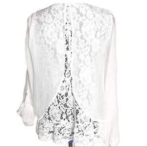 Tempo Paris silk lace open split back sheer sleeve layer blouse white size S